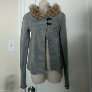 Take Out Sweater Cardigan Faux Fur Trim - Medium